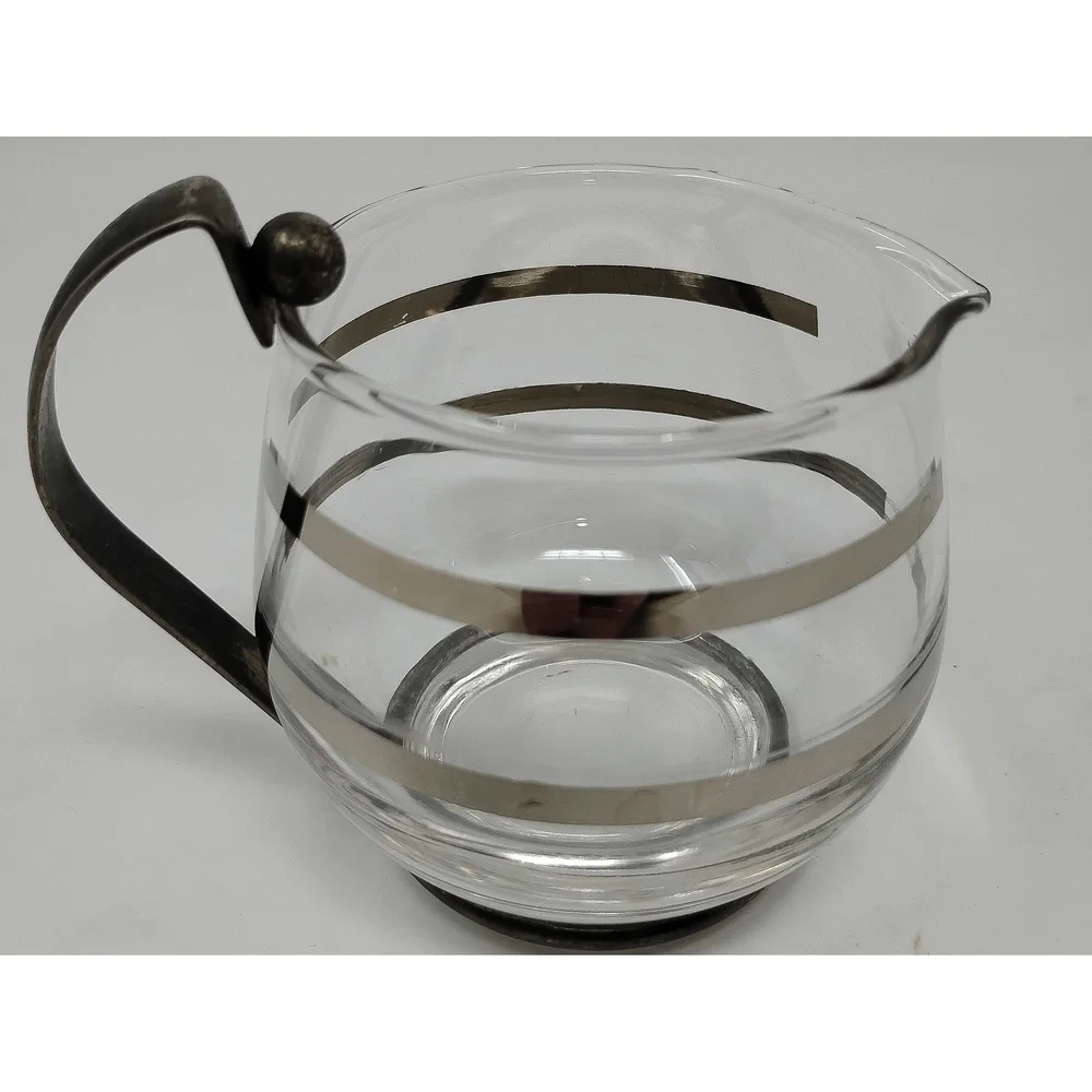 Minimalist Retro Vintage MCM Glass Creamer Pitcher Silver Tone Metal Base 3in